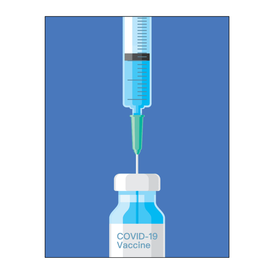 A syringe pulls liquid from a bottle labeled 'COVID-19 Vaccine'